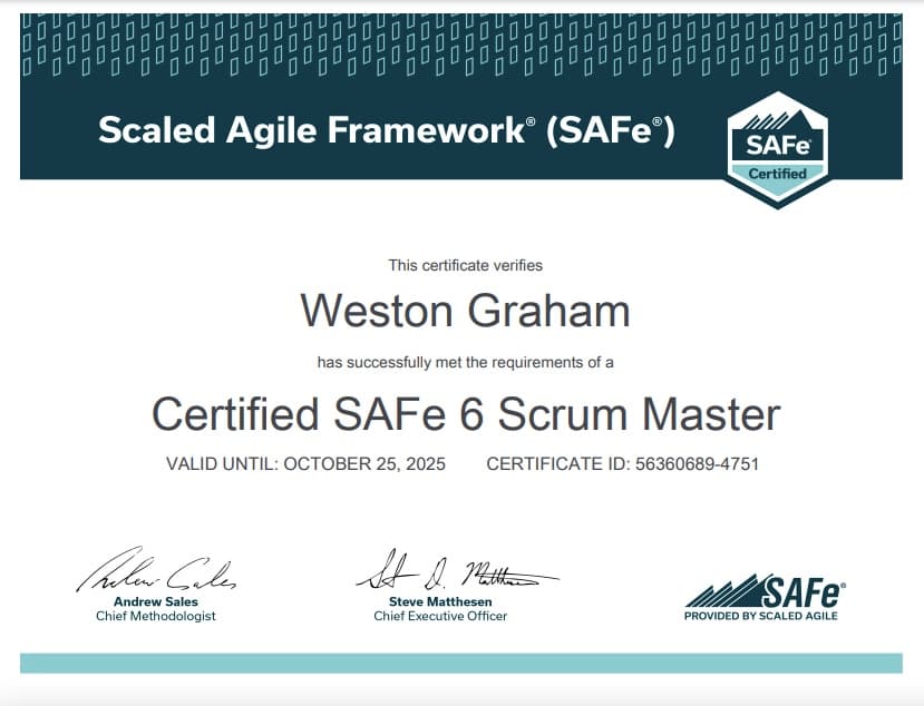 Weston Graham's SAFe 6 Scrum Master certificate