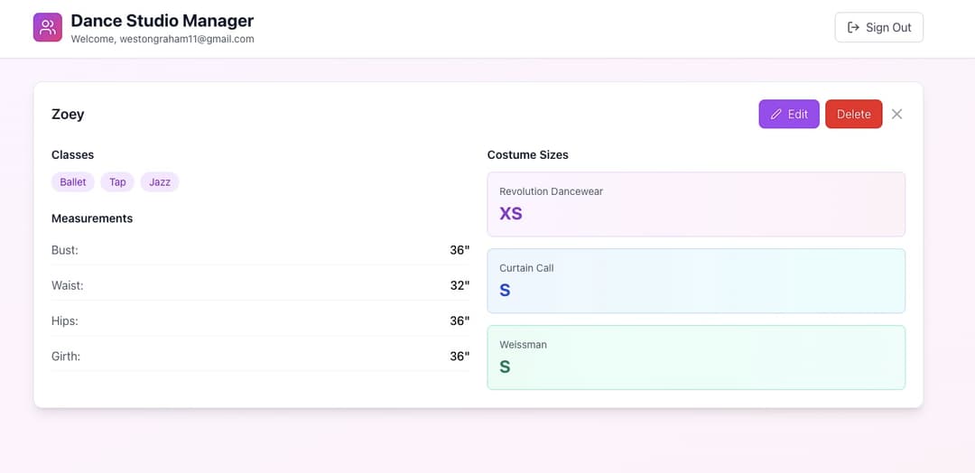 Dance Studio Costume Manager project interface