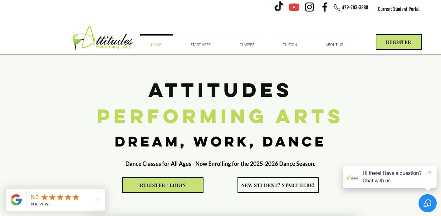 Attitudes Performing Arts website redesign homepage
